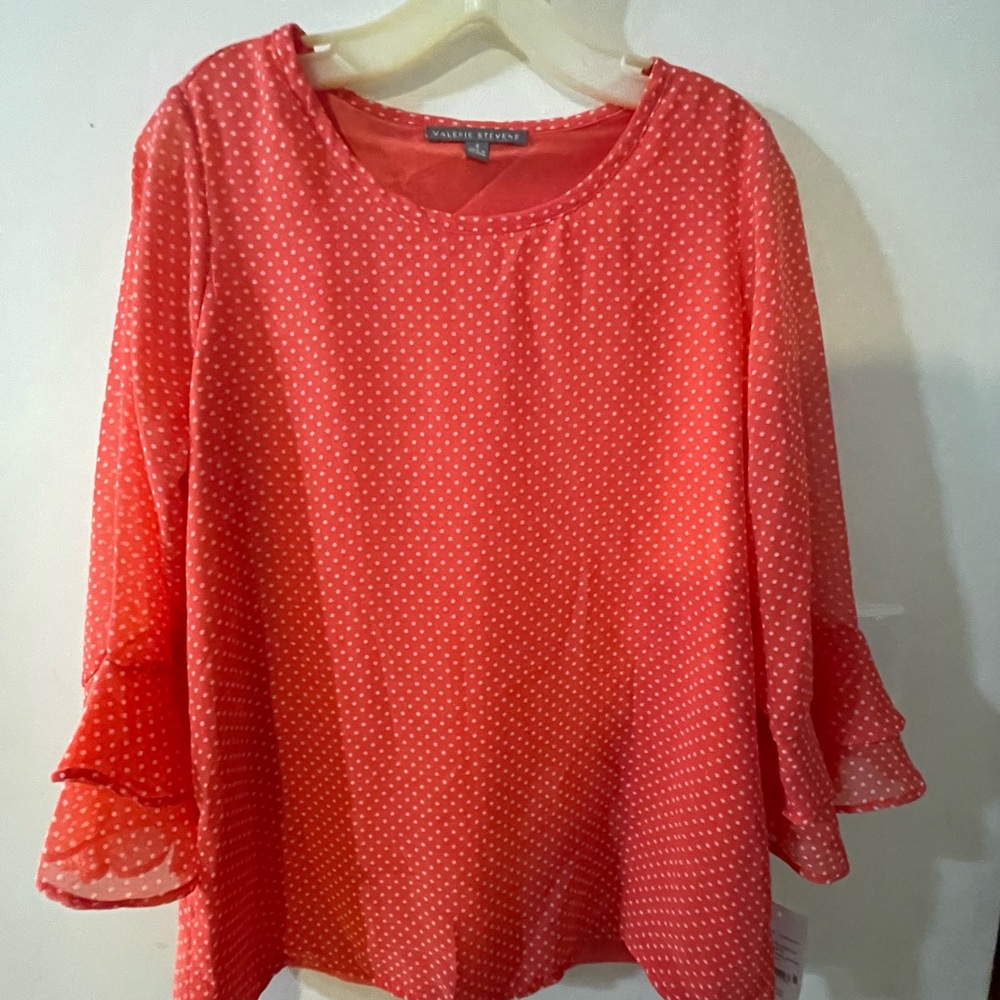 Valerie Stevens Coral Polka Dot Ruffle Sleeve Blouse Size S